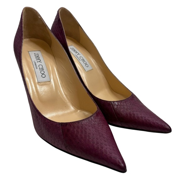 Jimmy Choo Purple Maroon Snake Look Leather Stiletto Pump Heels SIZE 36.5